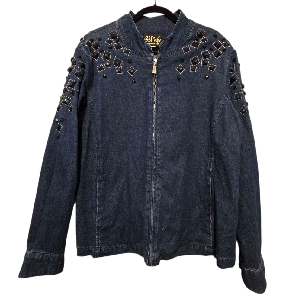 Vintage Bob Mackie Wearable Art Blue Denim Zip Jacket Women LG Rhinestones Artsy